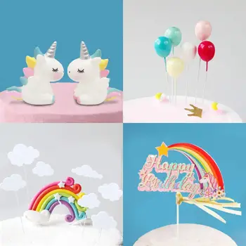 Unicorn kūka rotājumi mākoņi, varavīksnes baloni daudz laimes dzimšanas dienā banner kūka rotājumi zēniem un meitenēm bērnu dzimšanas dienu gif