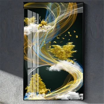 Audekls Anotācija Zelta Līnijas, Briežu un Koka Mākonis Krāsošana Tableaux Lielu Plakātu Drukas Zelta Wall Art Attēlu F Dzīvojamā Istaba