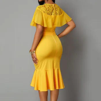Plus lieluma nāriņa kleita sieviete dzeltenā savirmot mežģīnes raibs sexy vakara puse vestidos afircan modes sieviešu biroja midi kleita