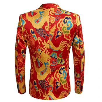 Jauna, Ķīniešu Stila Red Dragon Drukāt Uzvalks Vīriešu Skatuves Dziedātāja Valkā, 2 gab. Komplekts Slim Fit Kāzu Uzvalku Kostīmu Ball puse
