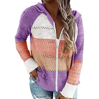 Svītrains kapuci trikotāžas džemperis 2020. gada rudenī jaunu Gadījuma sieviešu džemperis plus lieluma Modes streetwear rāvējslēdzēju jaka