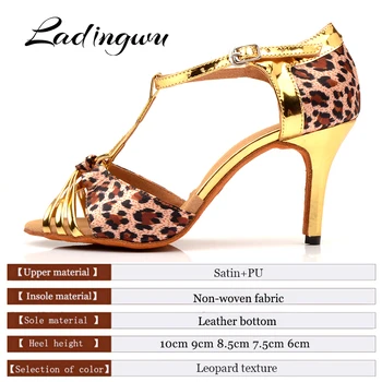 Ladingwu Jaunu Dace Kurpes Leoparda tekstūru, satīna un Zelta PU Sieviešu latīņamerikas Deju Kurpes Sieviešu Salsa Balles dejas sandales Papēža 6-10cm