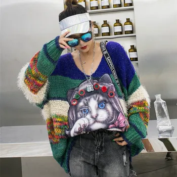 Plus Lieluma Sievietēm Unikālu Dizainu, Garu Džemperi Jaunu Modes V Kakla Zaudēt Cute Karikatūra Kaķis Adīti Džemperi Fāzēm, Topi Trikotāžas