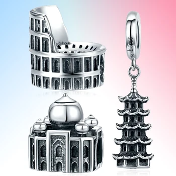925 Sterling Sudraba tūrisma objektiem destilācijas torni, Romiešu arēna nostalgic Taizemes Taj Mahal Šarmu Kulons Pērlīšu Aproce