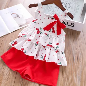 Vasarā Meitenes Apģērbu Komplekts Modes Polka Dot Siksna Dubulto Loku Top + Tīrtoņa Krāsas Bikses, Zīdainis, Mazulis Meiteņu Drēbes