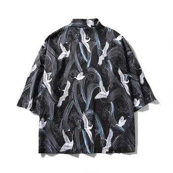 MISSKY Unisex Vīriešu Vasaras Kreklu Baltā Melnā Krāsā Vintage Ukiyo-E Modelis Kimono Zaudēt Piedurknēm Kokvilnas Krekli, Topi, Vīriešu Apģērbs