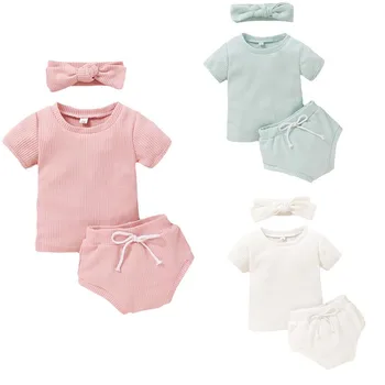 Pudcoco USPS Ātra Piegāde 0-3Years 3PCS Jaundzimušais Zīdainis Baby Girl Apģērbu Komplekts Adīšanas T-krekls Top Bikses, īsās bikses-Šorti Vasaras Apģērbs
