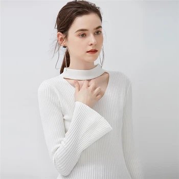 2020. gada Rudens/Ziemas Jauno Modes OLA Elegants Sieviešu Izlīdzināšanu Piedurknēm V-veida kakla Karājas Kakla pēc Izvēles vienkrāsainu Adīt Pamata Džemperis