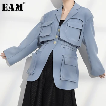 [EAM] Sieviešu Blue Pocket Apsēju, Liela Izmēra Žakete Jaunu Atloks ar garām Piedurknēm Loose Fit Jaka Modes Jūra Pavasara Rudens ir 2021. 1T66105