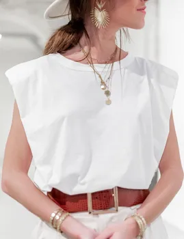 Karstā Pārdošanas Gadījuma Vasaras T-krekls Sievietēm Plecu Spilventiņu Stila Balti Mīksti Džemperi, Topi 2020. Gadam, Modes Iela Dāmas Melnā Tshirts