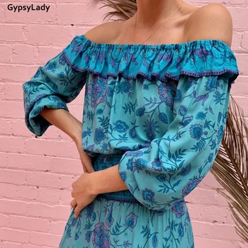 GypsyLady Vintage Ziedu Drukāt Boho Blūze, Krekls Pie Pleca Sieviešu Blūzes Apgriezts Tops Ar Garām Piedurknēm Meitene Brīvdienu Sexy Blūze