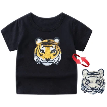 Panda Tiger Dinozauru Sequin Bērnu T Krekls Zēniem Tshirts Bērnu T Krekls Karikatūra Izdrukāt Vasaras Topi, T-krekli, Bērnu Apģērbu