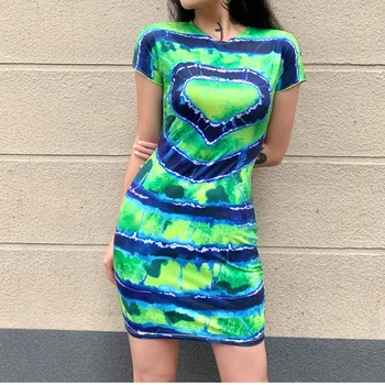 E-meitene Punk kaklasaišu krāsošanas Svītrainām Gadījuma Mini Kleitas Y2K Vasaras O-veida kakla Īsām Piedurknēm Bodycon Zaļo Kleitu Modes Streetwear