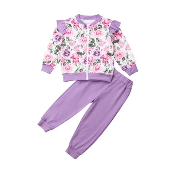 2019 Modes Baby Girl Ziedu Apģērbu komplekts, kas Peld ar piedurknēm Savirmot rāvējslēdzēju mētelis Top Rudens Bikses ar garām piedurknēm silts Apģērbs 3 krāsas