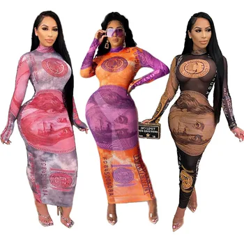 Dolārs Printting Sexy Acs Redzēt-Ar Apaļu Kakla Garām Piedurknēm Izdilis Sieviešu Maxi Kleita 2020 Biroja Dāma Modes Apģērbi