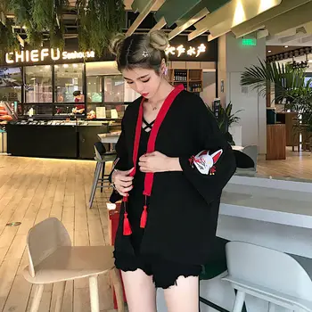 Arī klasiskajā Japāņu Kimono Sieviešu Harajuku Krekli Embroided FOX Blūzes Zaudēt Ikdienas Topi Un Blūzes Blusa Mujer Roupas Feminina