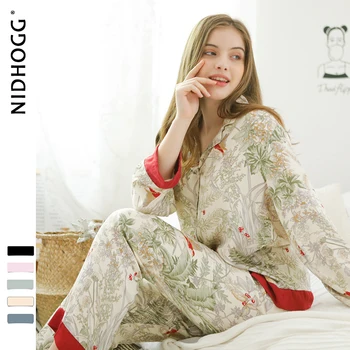 Pavasara Jaunu Gadījuma garām Piedurknēm Satīna Pidžamas Komplekts Zaļa Zāle Drukāšanas Sleepwear Loungewear Sievietes, Savukārt-Apkakle Pijama Mujer