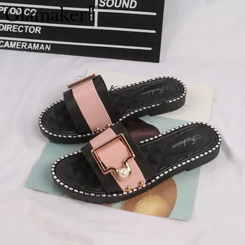 Glamaker String Pērlītēm rozā Sieviešu sandales modes vasaras 2020. gadam Dzīvoklis ar melnās dāmas kurpes sieviešu vintage pludmales sandales