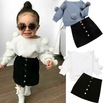 2019. gada Rudenī Jauns 1-6Year Bērniem, Baby Toddler Meitene Apģērbu Komplekts ar garām Piedurknēm Topi Trikotāžas Džemperis + Pogu, Mini Svārki Tērpiem