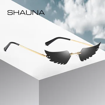 SHAUNA Unikālo Eņģeļa Spārni Saulesbrilles Sieviešu Modes bez apmales Spoguļa Pārklājums, Kaķu Acu Toņos UV400