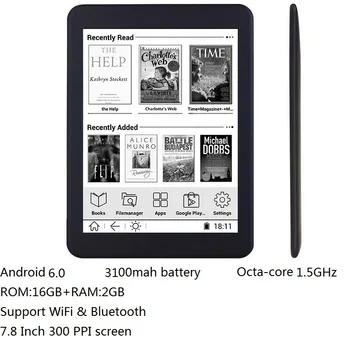 16GB E grāmata 7.8 collu touch HD ekrāna, E-grāmatu lasītājs, Octa-core android WiFi Ereader Bluetooth audio E-tintes 3100mah akumulators+austiņas