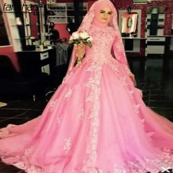 Rozā Musulmaņu Kāzu Kleitas Bumbu Kleita Ar Garām Piedurknēm Hijab Fāzēm, Dubaija Vestido De Noiva Arābu Kāzu Kleita Kāzu Kleitas