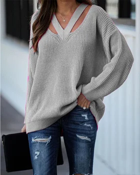 Džemperis Sieviešu Modes Gadījuma tīrtoņa Krāsu garām Piedurknēm V-veida kakla Dobi-out Džemperi Jakas Sieviešu Lielajam Sieviešu Džemperi
