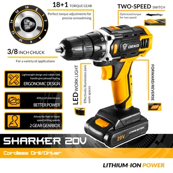 DEKO Jaunu Sharker 20V Cordless Drill Driver Skrūvgriezi Mini Wireless Power Vadītāja DC Litija-Jonu Akumulators 18+1 Uzstādījumi