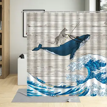 Funny Kaķis Dušas Aizkars Kaķis Izjādes Valis Okeāna Viļņu Modeli, Vannas Aizkari Vairāku Izmēru Ūdensizturīgs Vanna Dekoru Ar Āķi