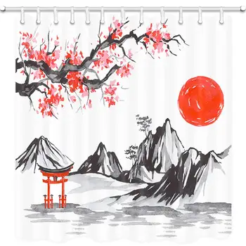 Fuji Kalnu Sakura Saulrieta Āzijas Akvarelis Tintes Attēla Vannas Aizkari