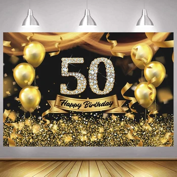 Zelta 50. Foto Fons Dāma Happy Birthday Party Apdare, gaisa Balons, Fotogrāfija Pieredzi Banner