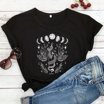Mistisko Mēness Ar Čūskas T-krekls Moderns Mēness Fāzēm Ragana T Camiseta Modes Sieviešu Pusmēness Top Grafiskais Tee Krekls