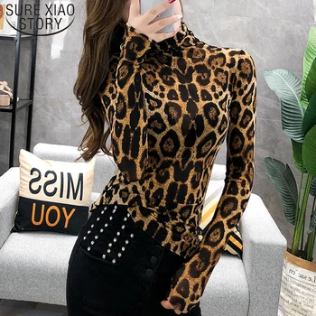 Elegante Plus Lieluma Modes Topi Sievietēm ar garām Piedurknēm, Leoparda Blūze augstu uzrullētu apkakli Krekls Dāmas OLA Puse Top Streetwear Blusas 7704 50