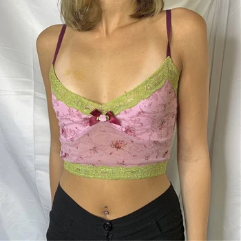 Ir 2021. Vasaras Sexy Pink bez Piedurknēm Cami Top Sievietes Backless Y2K 90s Crop Topi, t-veida, Dāmas Zaļo Mežģīņu Modes Spageti Siksnas Augšu
