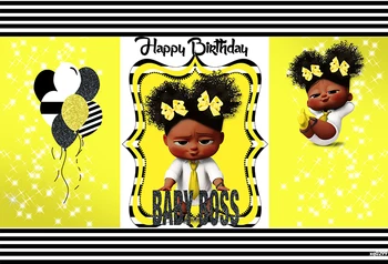 LEVOO Dzeltens Fons Karikatūra Baby Girl Boss Dzimšanas dienas Balonus, Fotogrāfijā Fona Foto Studija Šaut Aksesuārus Photozone Vinila
