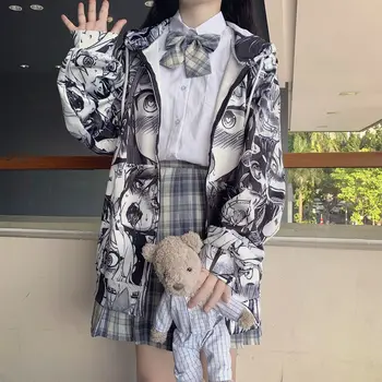 HOUZHOU Anime pelēkā vārna Sievietēm, Hoodies Rudens Modes Harajuku Zip Up pelēkā vārna korejiešu Stilā, Streetwear garām Piedurknēm Krekls Sievietēm