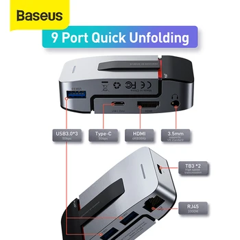 Baseus 9 Ports USB C RUMBAS uz HDMI Adapteri iPhone Notebook Pro 96W Jauda Lādētājs 2-in-1 Stāvēt HUB Siltuma Izkliedēšanas Ierīces