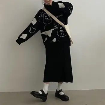 Vintage Gadījuma Govs Drukāt Džemperis Sievietēm Ziemā O Kakla Zaudēt Slinks Džemperis Femme Korejas Harajuku Trikotāžas Džemperis Cute Salds Džemperis