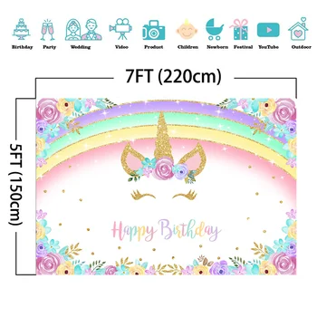Unicorn Tēmu Happy Birthday Foto Fona Rainbow Krāsainiem Ziediem Zelta Vilnis Punktu, Fons Dzimšanas Dienas Kūka Galda Banner