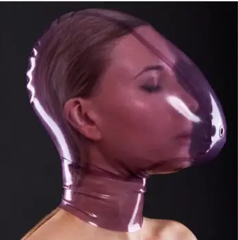 Sexy roku darbs sievietēm sieviešu unisex eksotisko pārredzamu violeta lateksa pilnu elpu caurumu kapuces maska cekc apakšveļa vienotu