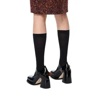 Sieviete Melnā, Baltā Īstas Ādas Retro Mary Jane Laukumā Toe Sūkņi 9 cm Chunky Papēži Sekla Biezas Zoles Platforma Sprādzes Sūkņi