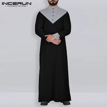 INCERUN Vīriešiem Vintage Islāma Musulmaņu Kaftan Stand Apkakli Halāti Jubba Thobe Retro garām Piedurknēm Krāsa-bloķēt Vīriešiem Indijas Apģērbu S-5XL