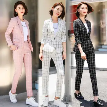 Šiks mazas uzvalks jaka sieviešu 2019. gada rudenī jaunā korejiešu modes pleds uzvalks jaka + rozā pleds bikses