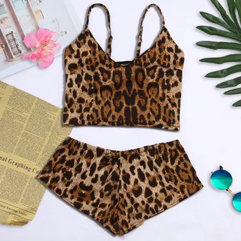 Sieviešu Leopard Pidžamas Komplekts Satīna Sexy Linga Apgriezts Cauruļu Topi, Tank Šorti Sleepwear Pajama Komplekti Dāmas Pyjama Femme #T5P