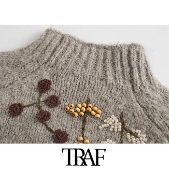 TRAF Sieviešu Modes Ar Gropi Izšuvumi Apgriezts Trikotāžas Džemperis Vintage Laternu Piedurknēm Sieviešu Džemperis Šiks Topi