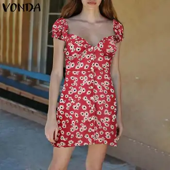 Ir 2021. VONDA Sieviešu'Dress Beach Vasaras Mini Kleitas Sexy Īsām Piedurknēm Ziedu Iespiesti Sundress Plus Lieluma Vestidos S-5XL