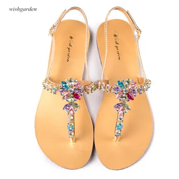 Ir 2021. JAUNU Sieviešu Pludmales sandales Modes vasaras Bohemia Dimanta Apavi T-siksna sandales ar siksniņu pirkststarpā kurpes Gadījuma Boho Spīd Tupele