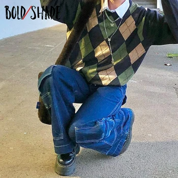 Drosmīgu Toni Skeiteru Stila Indie Draugs Baggy Bikses Y2k Streetwear Teen Modes 90s Džinsu Kabatas, Platas Kājas Augstās Jostasvietas Bikses