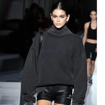 2020. gadā-Pavasarī un Rudenī Ielu Stilu, Līguma Melns Krekls Sievietēm, kas augstu uzrullētu apkakli Streetwear Džemperi ar garām Piedurknēm