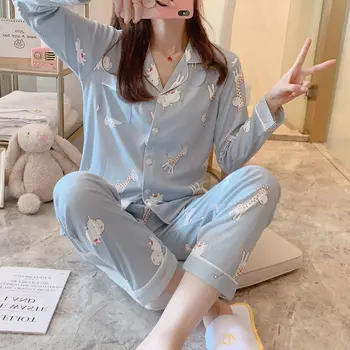 Pajama Komplekti Sieviešu Pavasara garām piedurknēm Vienkārši Soft Plus Lieluma Homewear Sleepwear Sieviešu Ins korejiešu Stilā, Draugiem Studenti Harajuku